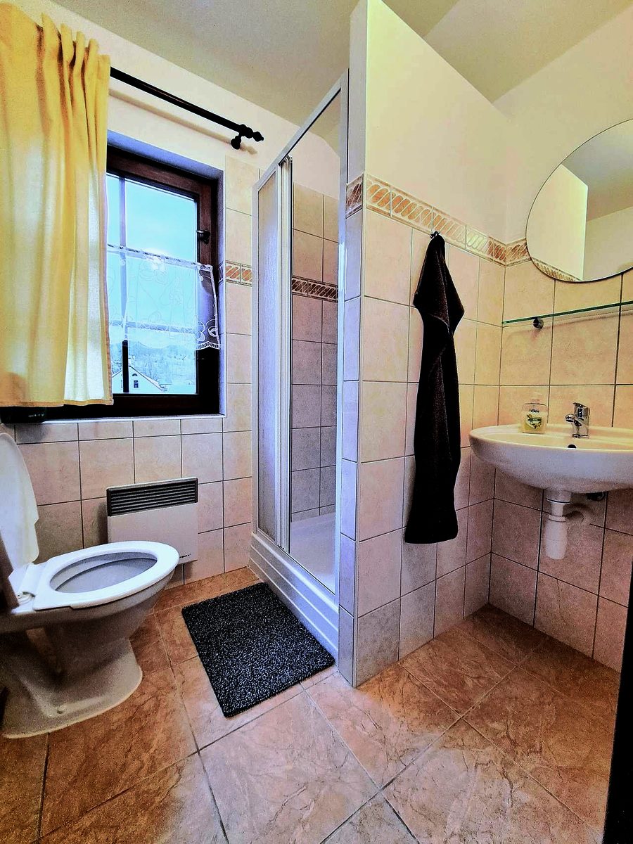 Apartmán č. 2 — sprchový kout, WC a umyvadlo